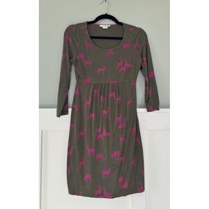 Boden Womens US 4 Oh Deer Jersey‎ Dress Midi Knit Printed Novelty Green Pink